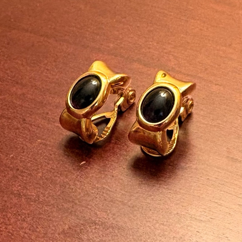 Monet Sculptural Earrings/ Statement Gold-Tone & Black Cabochon Clip Earrings